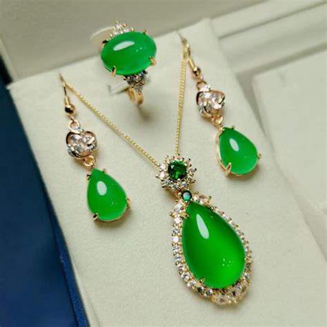 Green Jade Jewelry Sets For Women Water Drop Pendant Necklace With