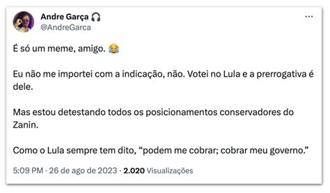 Um tantinho trágico diz Janja sobre meme crítica a Zanin