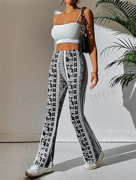 Shein Petite Striped And Floral Print Flare Leg Pants Shein Usa