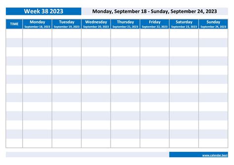 Week 38 2023: dates, calendar and weekly schedule to print