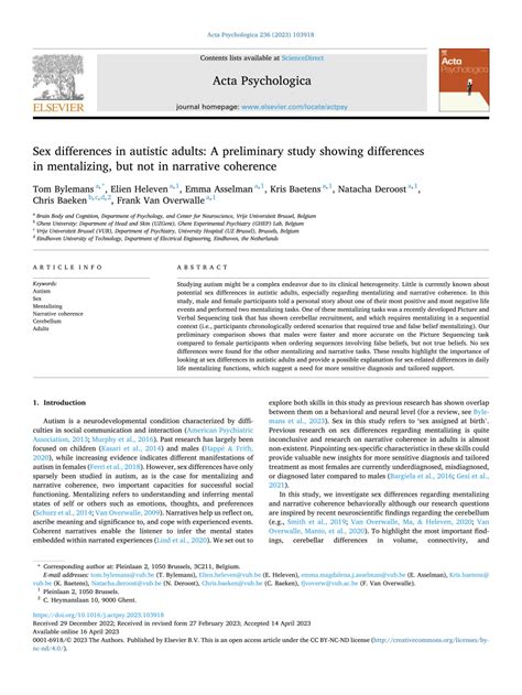 PDF Sex Differences In Autistic Adults A Preliminary Study Showing Differences In Mentalizing