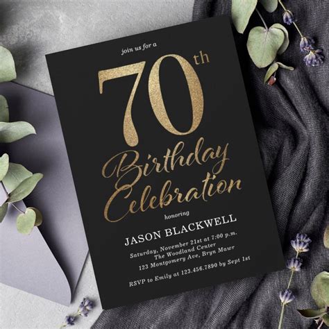 70th Birthday Party Black Gold Invitation Zazzle Artofit