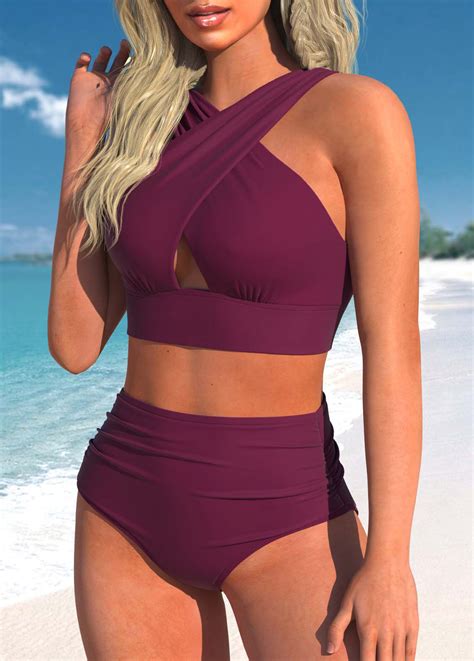 High Waisted Dark Reddish Purple Bikini Set Rosewe Usd