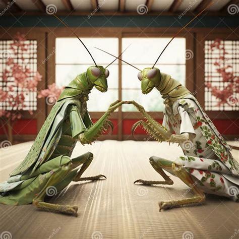 Two Praying Mantis Fighting on the Tatami Mat Stock Illustration ...