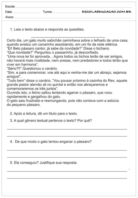 Atividades De Inglês 6 Ano Interpretação De Texto Com Gabarito
