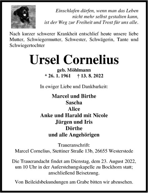 Traueranzeigen Von Ursel Cornelius Nordwest Trauer De