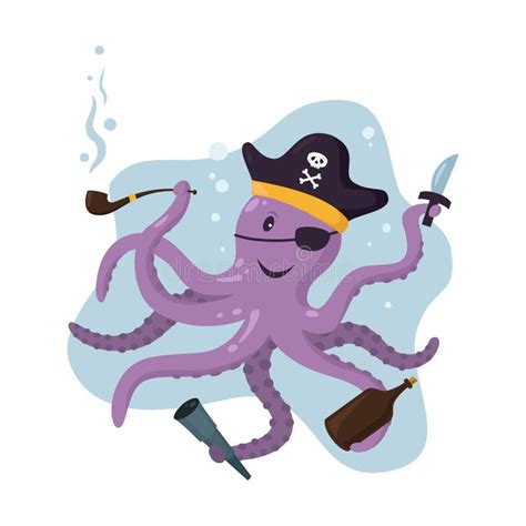 Cartoon Pirate Octopus In Flat Design Stock Vector Illustration Of