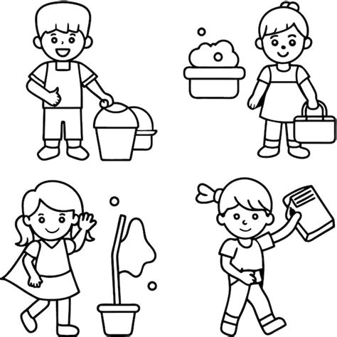 Outline Black And White Clip Art Collection Of Kids Chores Premium Ai