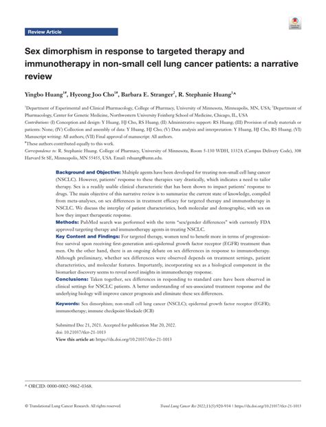 Pdf Sex Dimorphism In Response To Targeted Therapy And Immunotherapy In Non Small Cell Lung