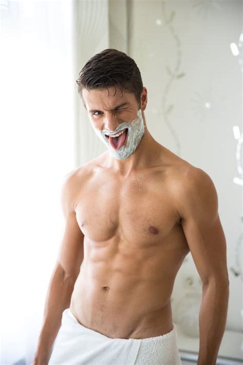 Funny Naked Man With Foam On Face Stock Photo Image Of Caucasian