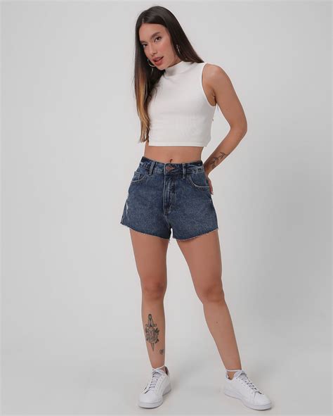 Riachuelo Short Jeans Feminino Barra Desfiada Denim Escuro Pool By