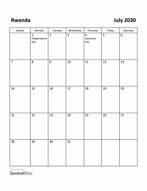 July 2030 Monthly Calendar With Rwanda Holidays