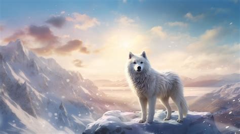 Premium AI Image | A white wolf stands on a snowy mountain with the sun ...