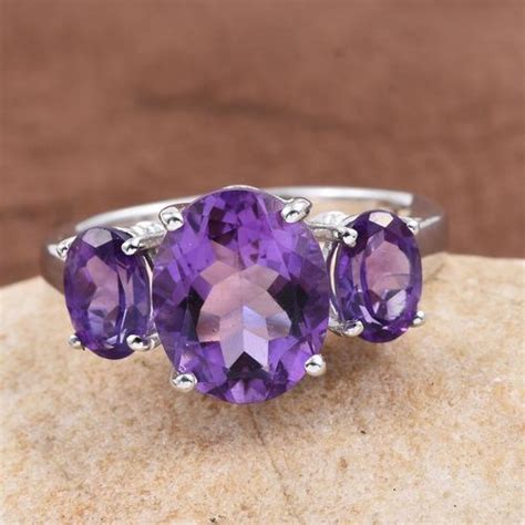 Natural Uruguay Amethyst Ovl 325 Ct 3 Stone Ring In Platinum Overlay