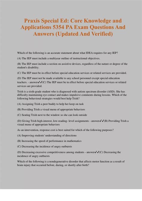 Praxis Special Ed: Core Knowledge and Applications 5354 PA Exam Questions And Answers (Updated