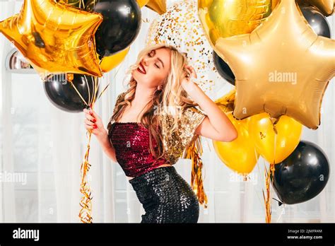 Birthday Party Celebration Blonde Girl Balloons Stock Photo Alamy