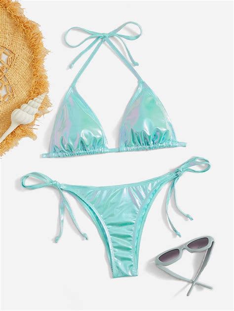 SHEIN Swim Y2GLAM Metallic Bikini Set Halter Triangle Bra Top Tie Side Bikini Bottom 2 Piece