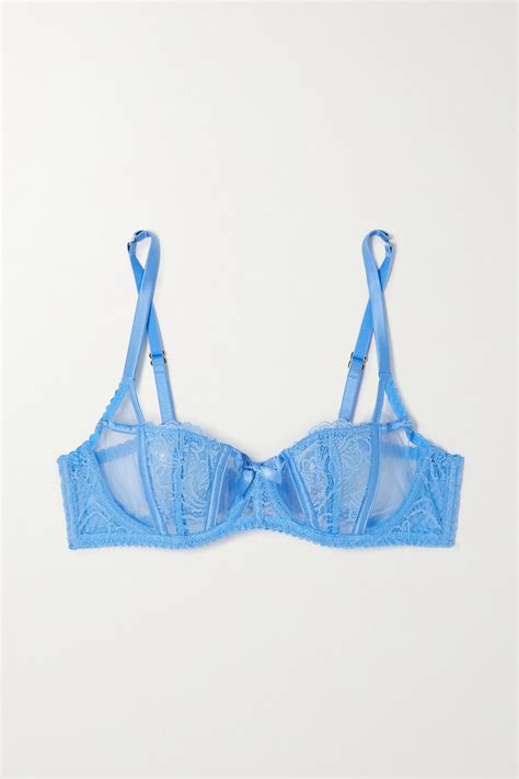 Blue Rozlyn Lace Trimmed Tulle And Satin Underwired Balconette Bra