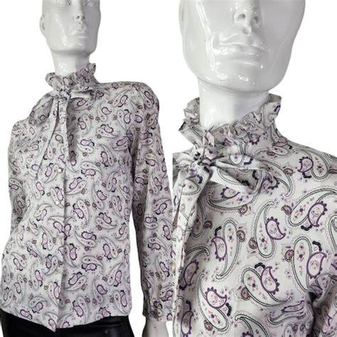 Vintage Rhoda Lee Pussy Bow Purple Paisley Blouse Med Gem