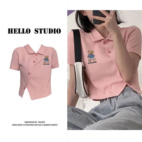 Ready Stock Polo Collar T Shirt Top Women Hot Girl Pink High Waist Navel Exposed Sexy Slimmer