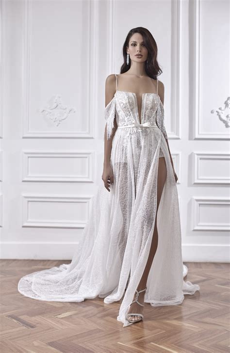 Lace A Line Wedding Dress With Deep V Neckline And High Slit Kleinfeld Bridal