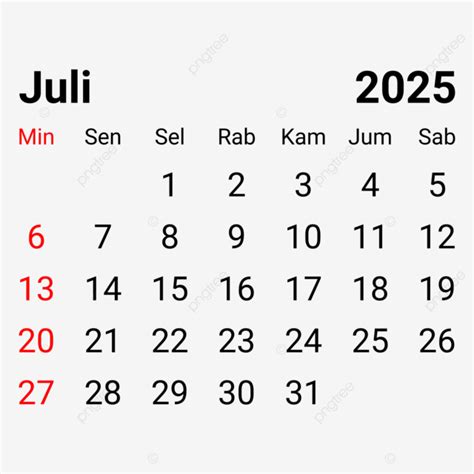 Calendário Mensal Indonésio De Julho De 2025 Vetor PNG , Calendário