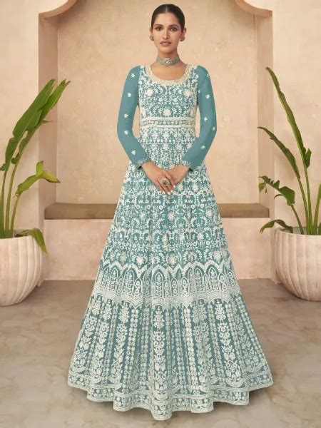 Wedding Anarkali In Sky Blue Georgette With Heavy Thread Embroidery And