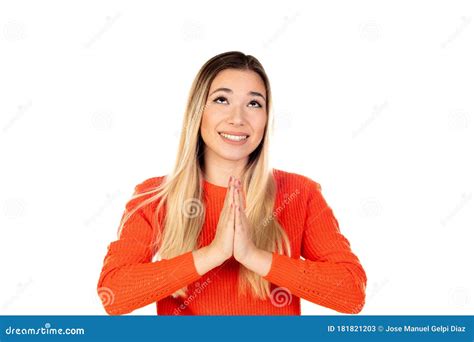 Pretty Blonde Woman With Red Jersey Stock Image Image Of Attractive Faith