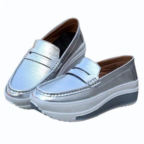 women synthetic ladies silver loafer shoes  pair  agra id