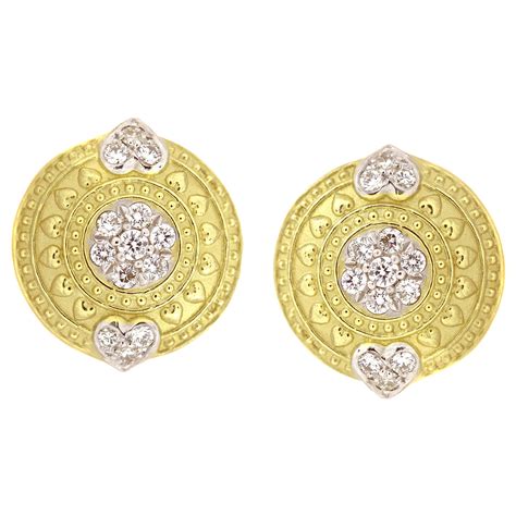 Stambolian Karat Yellow Gold Diamond Floral Motif Three Leaf Stud