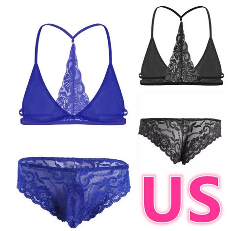 Us Men Sissy Lace Lingerie Set Mesh Sheer Bra Top With G String Briefs