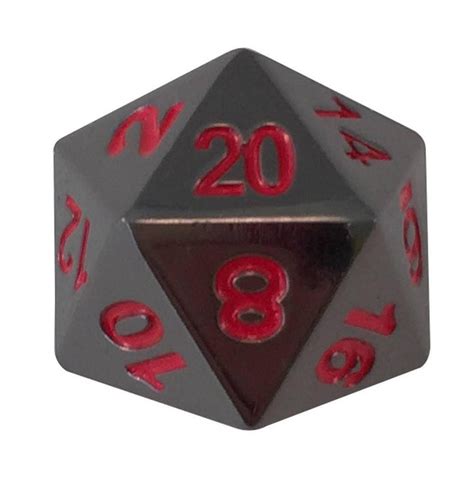 Single D20 Smoke And Fire Shiny Black Nickel With Red Numbers Meta