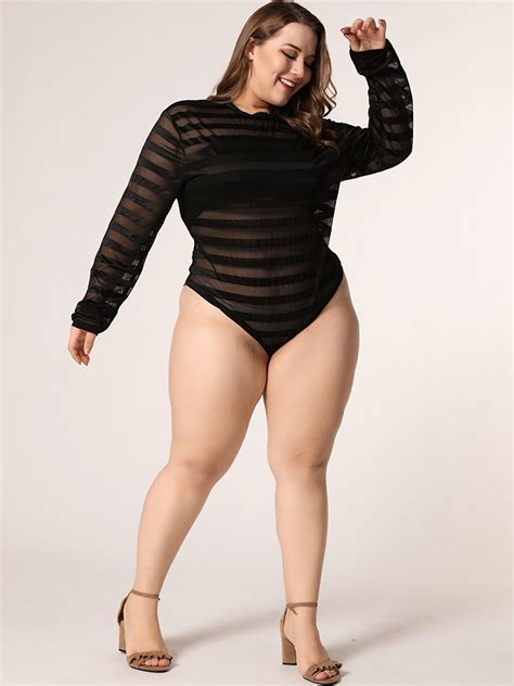 Plus Size Women Stripe Perspective Crew Neck Long Sleeve Hot Bodysuit Alexnld
