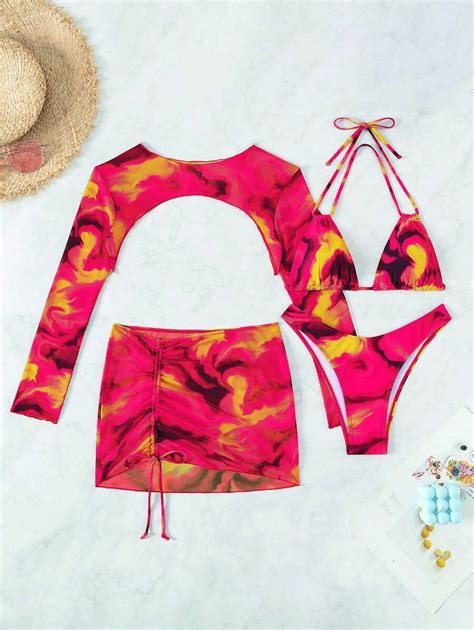 SHEIN Swim Mehrteiliges Bikini Set mit Batik Muster perfekt für den Urlaub am Somme Strand