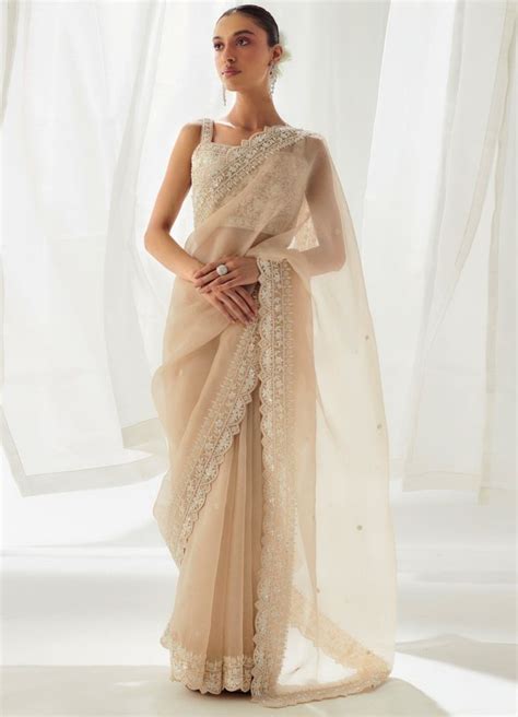 Beige Banarasi Organza Saree Organza Saree Saree Look Cutwork Saree