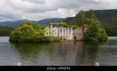 Loch At Eilein Castle Loch With Island With Castle Ruins Drone Shot