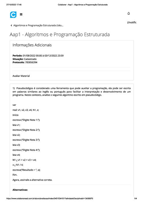 Aap Avalia O De Aprendizado Algoritmo E Programa O Estruturada