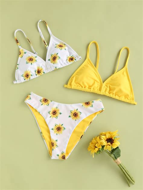 Chicas Adolescentes Piezas Ba Ador Bikini Tri Ngulo Con Estampado Floral Reversible