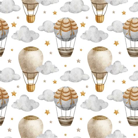Hot Air Balloon With Basket Clouds And Stars Watercolor Seamless Pattern Cute Baby Background