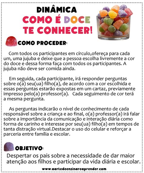 Dinamica Para Criança - DINÂMICA REUNIÃO PAIS E MESTRES - COMO É DOCE TE CONHECER! - A Arte de ...