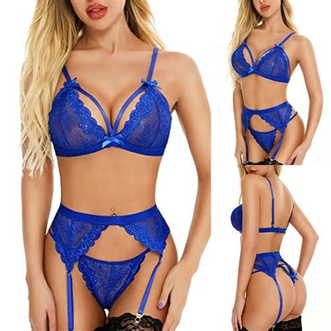 Femmes Sexy Temptation Lingerie Dentelle Cross Sling Mesh Dentelle Dos Nu Lingerie H Bleu