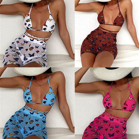 Hot Sale Beach Swimwear Butter Fly Print Sexy Triangle Strap Bikini Three Piece Set Swimwear
