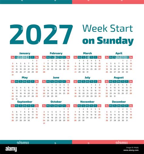 Simple 2027 year calendar, week starts on Sunday Stock Vector Image & Art - Alamy