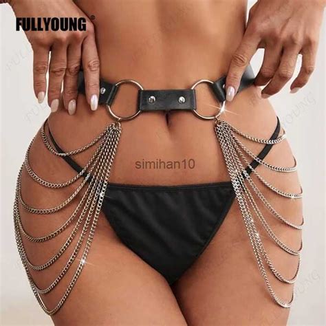 Sexy Luxury Gold Chain Belt Women Leather Harness Body Bondage Lingerie Suspenders Goth Garters