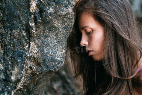 Close Up Portrait Of Beautiful Brunette Girl With Long Hair And Nude Make Up Stock Photo Image