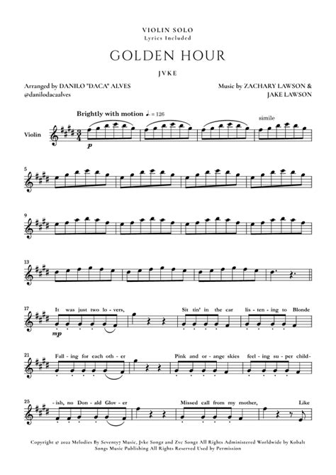 Golden Hour Arr Danilo Daca Alves By Jvke Sheet Music For Violin