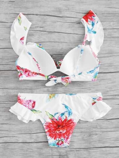 Ruffle Trim Flower Print Bikini Set Shein Sheinside