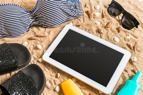 Summer Bikini And Accessories Stylish Beach Set Beach Bikini Summer Outfit And Sea Sand As