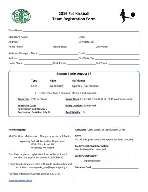 Fillable Online Wyomingmi Fall Kickball Team Registration Form