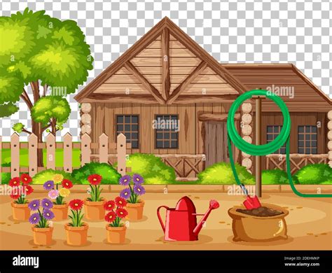 House in nature garden with garden tools scene landscape on transparent ...